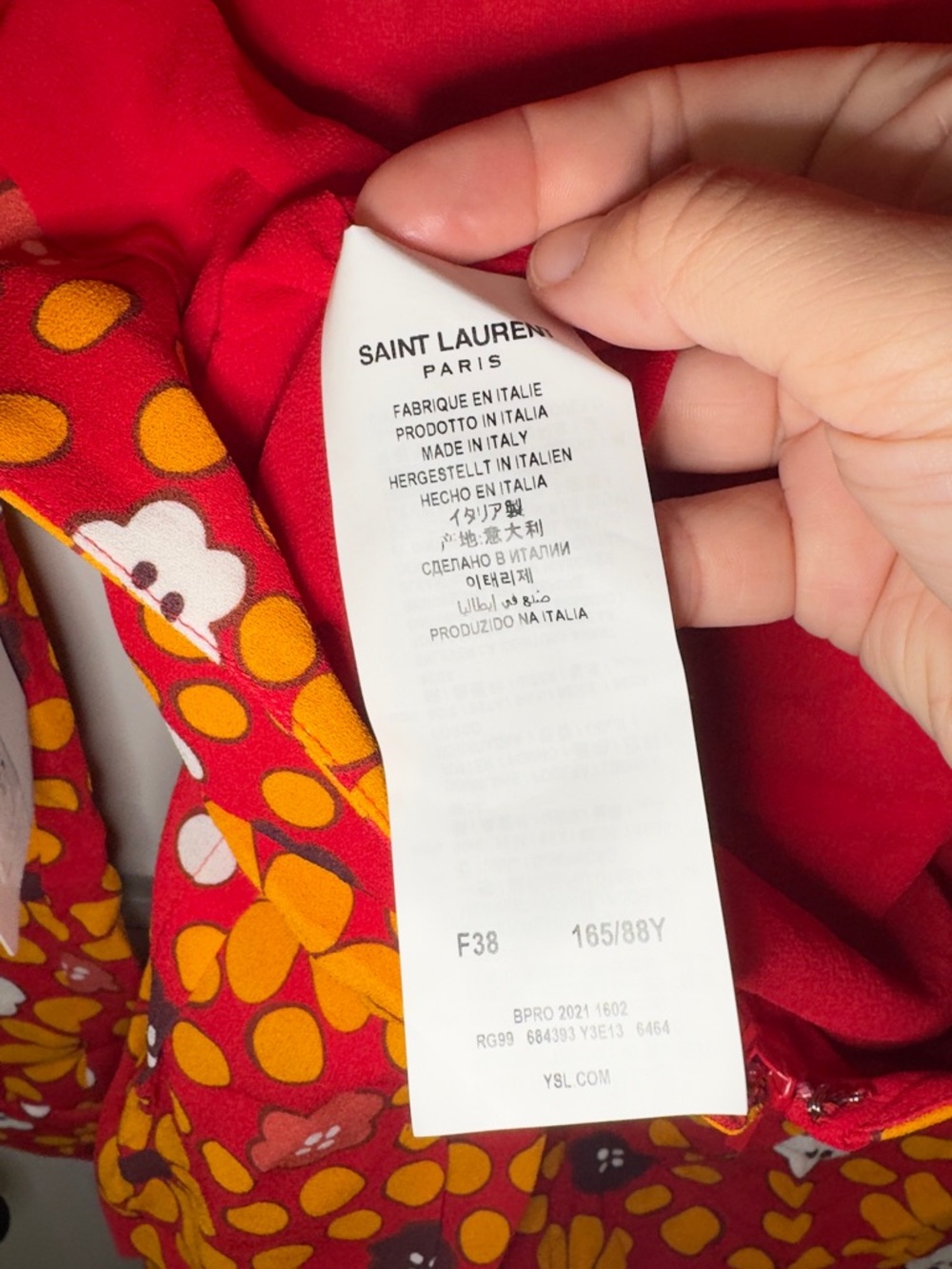 Saint Laurent Belted High Neck Flower Print Dress Red and Jaune - Picture 15 of 16